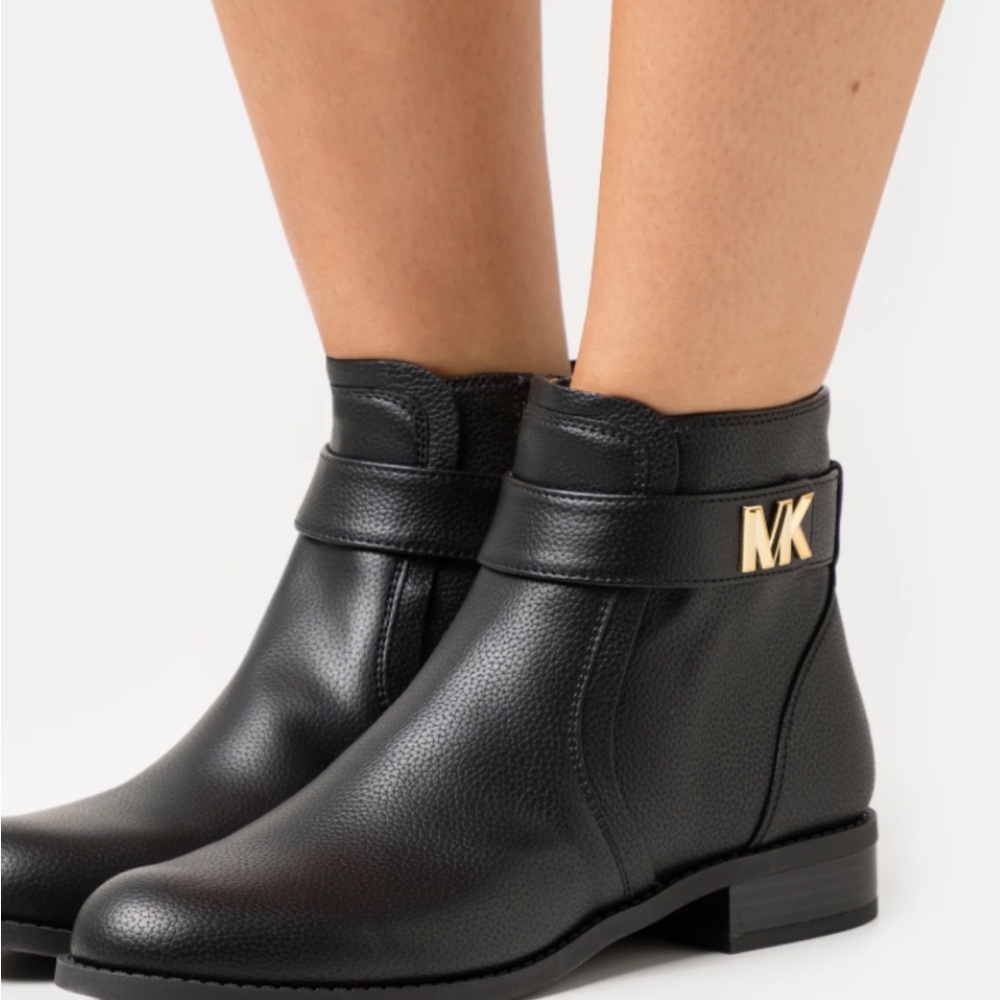 Michael Kors Black Leather Ankle Booties with Gold MK Accent